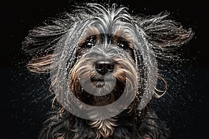 Wet dog head shaking off water while shaking his head. Dog shaking his head and splashing water all over. Ai generated