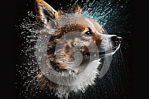 Wet dog head shaking off water while shaking his head. Dog shaking his head and splashing water all over. Ai generated