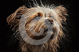 Wet dog head shaking off water while shaking his head. Dog shaking his head and splashing water all over. Ai generated