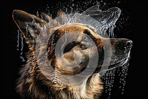 Wet dog head shaking off water while shaking his head. Dog shaking his head and splashing water all over. Ai generated