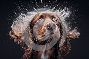 Wet dog head shaking off water while shaking his head. Dog shaking his head and splashing water all over. Ai generated