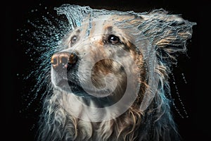 Wet dog head shaking off water while shaking his head. Dog shaking his head and splashing water all over. Ai generated