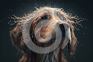 Wet dog head shaking off water while shaking his head. Dog shaking his head and splashing water all over. Ai generated