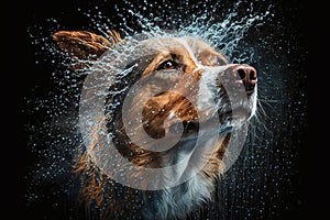 Wet dog head shaking off water while shaking his head. Dog shaking his head and splashing water all over. Ai generated