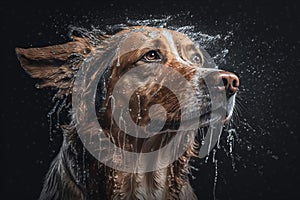 Wet dog head shaking off water while shaking his head. Dog shaking his head and splashing water all over. Ai generated