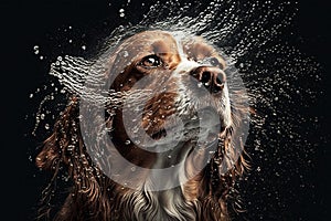 Wet dog head shaking off water while shaking his head. Dog shaking his head and splashing water all over. Ai generated