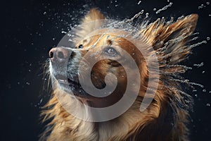 Wet dog head shaking off water while shaking his head. Dog shaking his head and splashing water all over. Ai generated