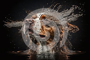 Wet dog head shaking off water while shaking his head. Dog shaking his head and splashing water all over. Ai generated