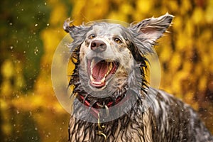 wet dog shaking with colorful autumn leaves in the background