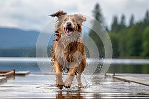 wet dog shaking on a dock, lake or river in the background