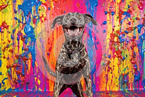 wet dog shaking in front of a colorful backdrop