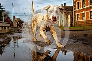 wet dog shaking near a puddle, causing a water ripple effect