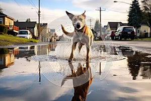 wet dog shaking near a puddle, creating water ripples