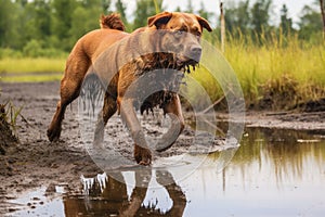 wet dog shaking near a puddle or pond
