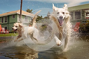 wet dog shaking near a swimming pool, water splashes around