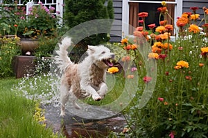 wet dog shaking off water near a garden or flower bed