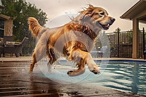 wet dog shaking off water near pool edge