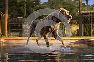 wet dog shaking off water near pool edge
