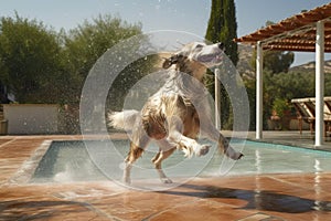 wet dog shaking off water near poolside
