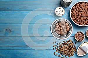 Wet and dry pet food on light blue wooden table, flat lay. Space for text