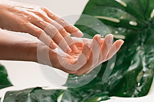 Wet female hands with moisturized oily skin