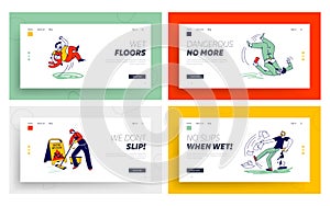 Wet Floor Caution Landing Page Template Set. People Get Trauma, Injure. Characters Slipping