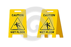 Wet floor caution sign isolated on white background, Public warning yellow symbol clipart. Slippery surface beware