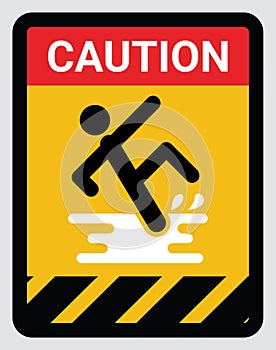 Wet floor and cleaning in progress sign. Warning yellow rounded square symbol with man falling on slippery floor with Caution text