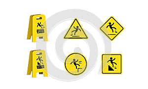 Wet floor and cleaning in progress. Slippery floor sign, vector illustration. Slip danger icon set