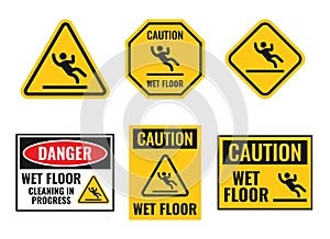 Wet floor danger caution sign set, slippery floor warning notice