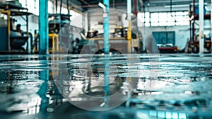 Wet Floor in Factory With Machine in Background