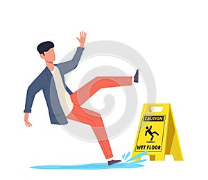 Wet floor. Falling man slips in water, slipping and downfall, injured character, caution danger wet floor yellow sign