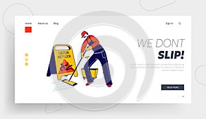 Wet Floor Precaution Landing Page Template. Janitor Male Character Mopping and Cleaning Floor with Yellow Caution Sign