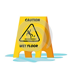 Wet Floor Vector. Classic Yellow Caution Warning Wet Floor Sign. Isolated Flat Illustration.