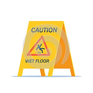 Wet floor warning vector sign isolated on white background. Yellow triangle with falling man in modern flat style. Vector