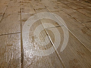 wet foot prints on brown tile wooden floor