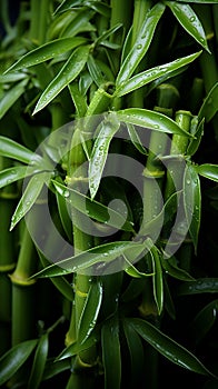 Wet fresh green bamboo leaves close up. Vertical image.