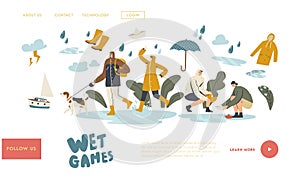 Wet Games with Puddles in Rainy Autumn or Spring Day Landing Page Template. Happy Drenched Characters Wearing Cloaks