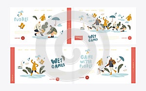 Wet Games with Puddles in Rainy Autumn or Spring Day Landing Page Template Set. Happy Drenched Characters Wearing Cloaks