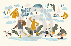 Wet Games with Puddles in Rainy Autumn or Spring Day, Weather. Happy Drenched Passerby Characters Wearing Cloaks, Boots