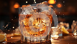 A wet glass reflects the dark night, whiskey freshness generated by AI