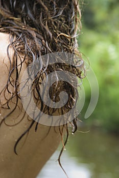 Wet hair of woman.