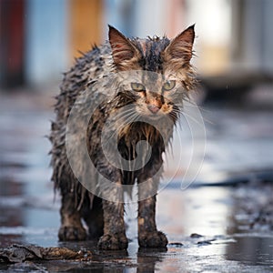Wet homeless sad skinny cat on the street after the rain.