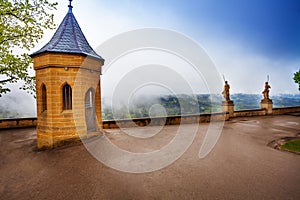 Wet inner yard of Hohenzollern castle in haze