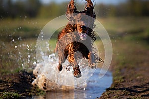 Wet Irish Setter dog running on puddle