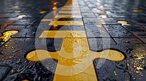 Wet Jigsaw Puzzle Pieces with Yellow Stripe on Reflective Surface