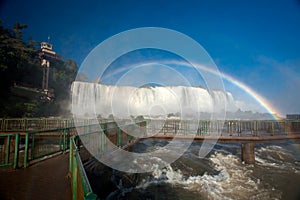 Wet lens - Footbridge and Rainbow in Iguazu falls national park