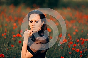 Wet Look Woman Beauty Portrait in a Field of Poppies