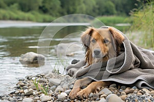 wet mixedbreed dog snug in a towel on a riverbank after swimming