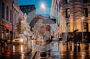 Wet night city street rain Bokeh reflection bright colorful lights puddles sidewalk Car